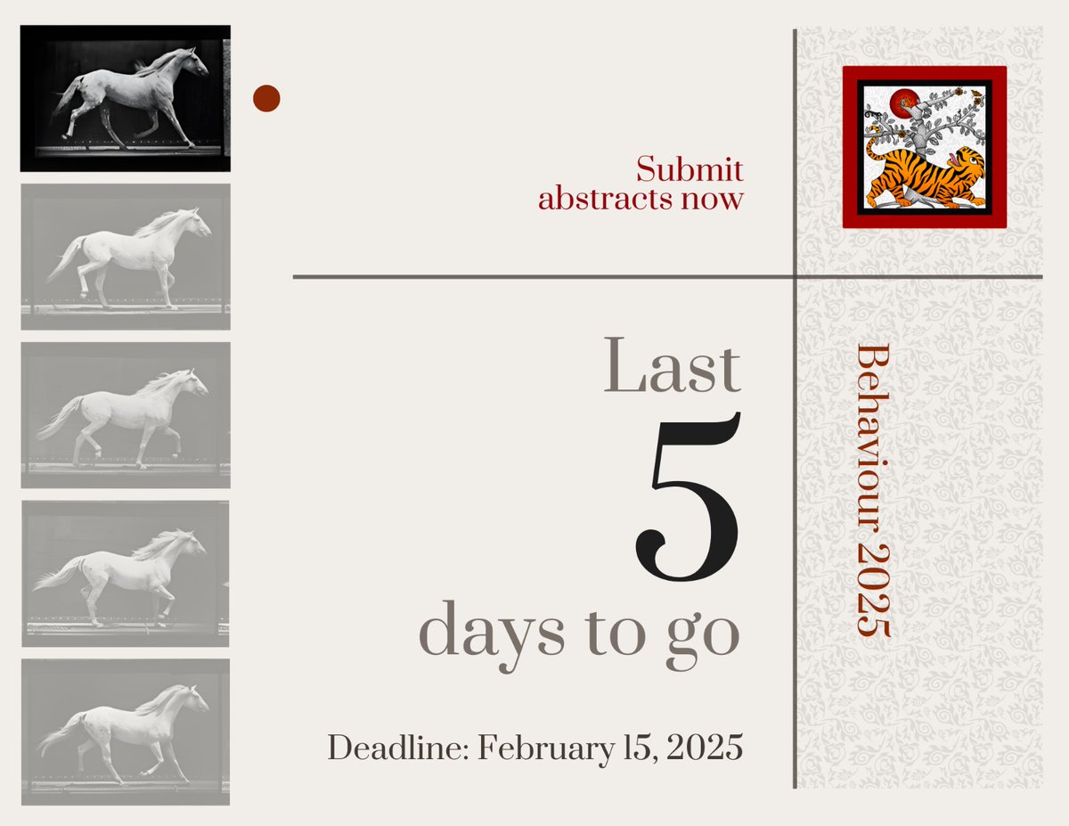 The Countdown is On!

Only 5 days left to submit your abstract for #behaviour2025 

Click here for more details and submission guidelines: behaviourindia2025.in/Registration-a…

#AnimalBehavior 
#ScienceConference 
#ECRChat 
#CollaborationInScience #GlobalScience 
#Conference