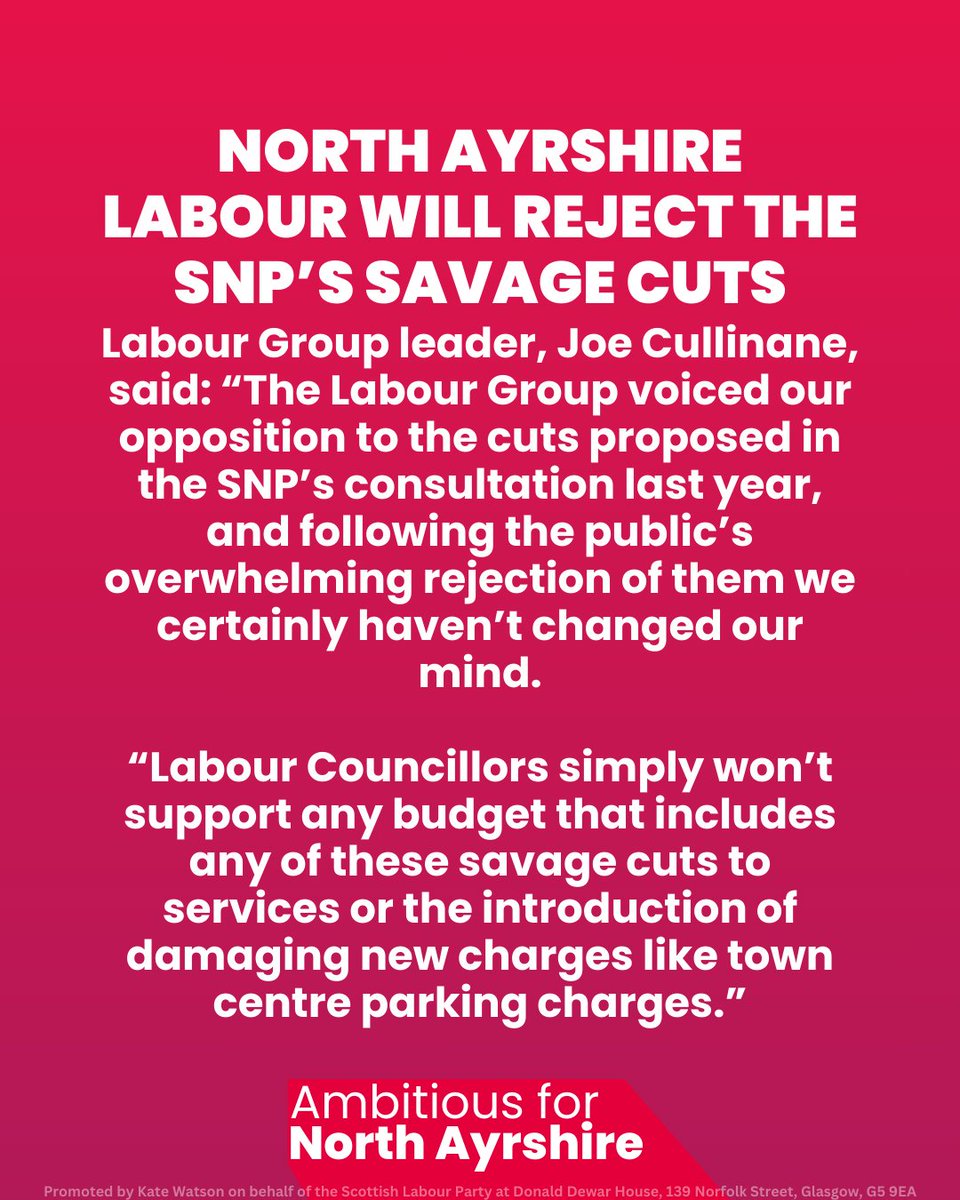 ICYMI: North Ayrshire Labour officially rejects the SNP's proposed savage cuts! Our Labour Councillors won't back any budget that slashes vital services or introduces harmful charges like town centre parking fees.