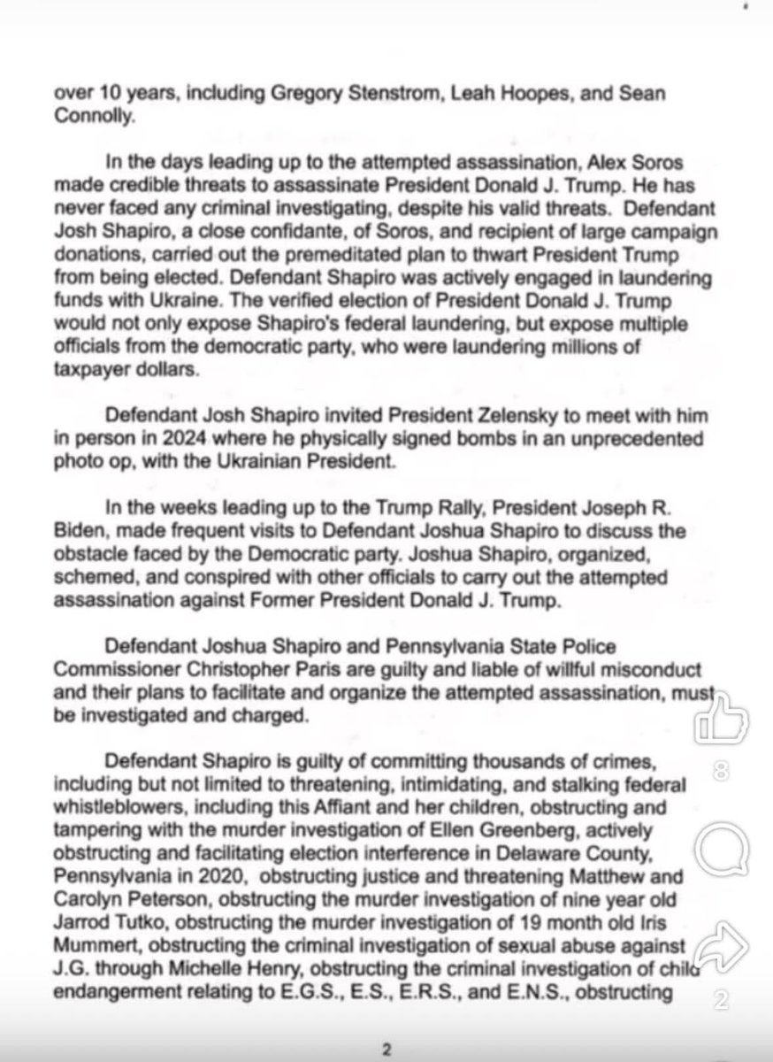 🚨The documents are authentic. 🚨

A former Pennsylvania State Police Employer has submitted an official criminal complaint alleging that Governor Josh Shapiro was involved in the attempted assassination of Donald J Trump. The complaint was submitted on February 7, 2025. 

She