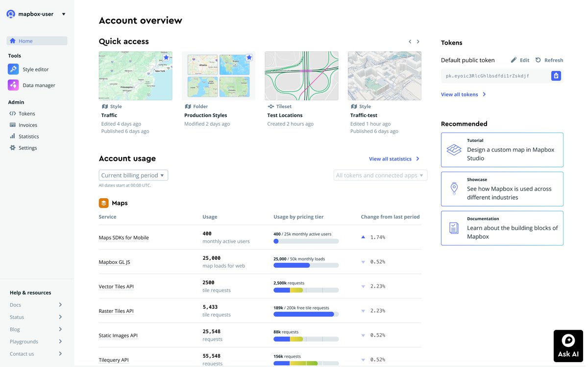 Mapbox's tweet photo. In case you missed it last month: The new Mapbox Console is here, making development and account management smoother than ever.

What’s new:
✅ Simplified navigation to find what you need faster
✅ Improved project management so you can keep track of usage and access
✅ Streamlined billing and permissions for more control, less hassle

Catch up on all the updates: https://t.co/NUfxughYBW

#BuiltWithMapbox #DeveloperTools