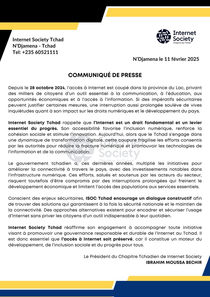 Internet est un droit, pas un privilège ! 🚫📶

Depuis le 28 octobre, la province du Lac est privée d’Internet, restreignant l’accès à l’info, à l’éducation et à l’économi. ISOC-TCHAD apel à un rétablissement immédiat et à une gouvernance numérique inclusive. #InternetSociety