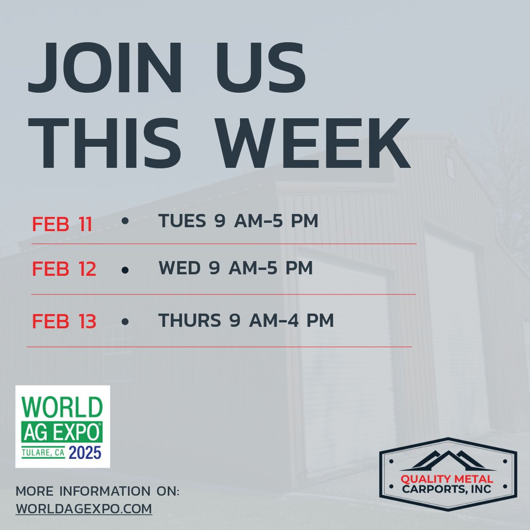 QMCarports's tweet photo. Ag World Expo is almost here! Come visit us at Booth D116 in the Dairy Section!

Dates &amp; Times:
Tuesday &amp; Wednesday: 9 AM - 5 PM
 Thursday: 9 AM - 4 PM

Stop by and let’s talk about how we can help protect your equipment, livestock, and more!

#WorldAgExpo #MetalBuildings https://t.co/p54EA2RiKJ