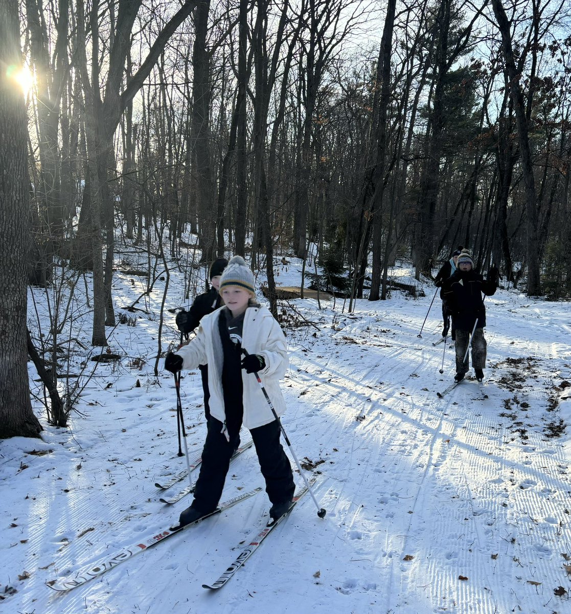 Our daily morning class getting outdoors for fresh air, sun, and some XC skiing today. Brains are ready to focus and learn in math class next. My favorite way to start the day with these students.