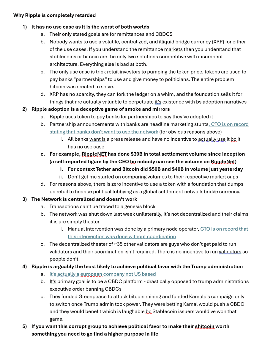 ericyakes's tweet image. Ripple is precisely the problem bitcoin was created to solve: printing fake money for political gain

A Tradfi conference I'm speaking at wants to me address Ripple so I just had to waste an hour of my life researching it and here's the notes:
