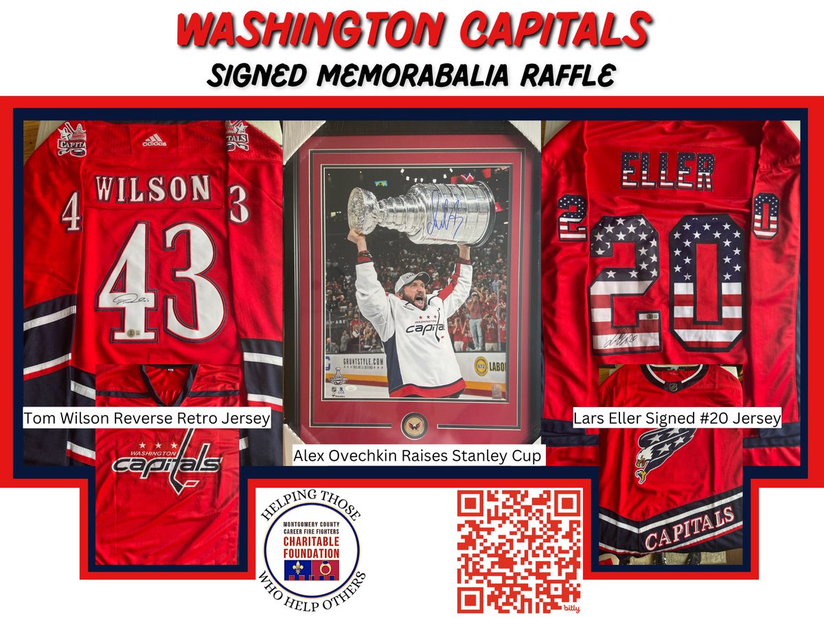 Mo Co Fire Fighters Charitable Foundation (@mocofirefndn) on Twitter photo Time to focus on hockey & the CAPS! We have 3 great signed <a href="/Capitals/">Washington Capitals</a> items to raffle.
-Tom Wilson Reverse Retro Jersey
-Ovechkin raising the Stanley Cup
-Lars Eller Jersey
Proceeds benefit this charitable foundation. Buy online at bit.ly/CAPSraffle
<a href="/mcfrspio/">Pete Piringer</a> <a href="/IAFFLocal1664/">IAFF Local 1664</a> Time to focus on hockey & the CAPS! We have 3 great signed <a href="/Capitals/">Washington Capitals</a> items to raffle.
-Tom Wilson Reverse Retro Jersey
-Ovechkin raising the Stanley Cup
-Lars Eller Jersey
Proceeds benefit this charitable foundation. Buy online at bit.ly/CAPSraffle
<a href="/mcfrspio/">Pete Piringer</a> <a href="/IAFFLocal1664/">IAFF Local 1664</a>