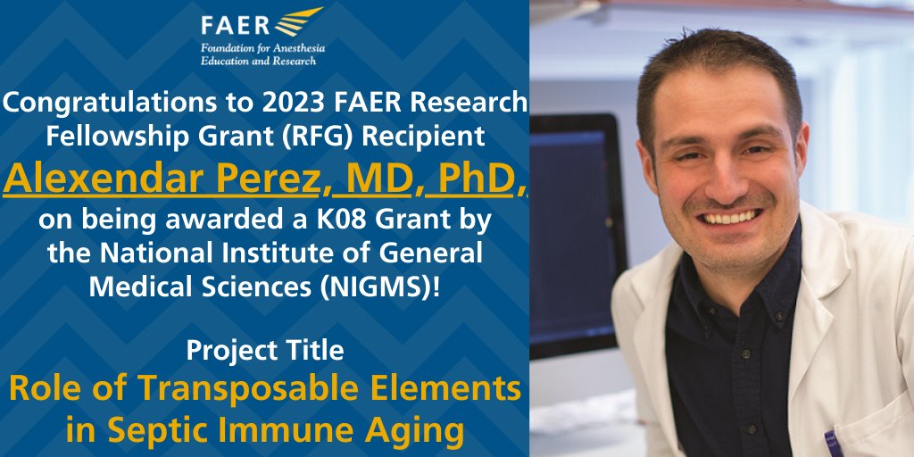 FAER (@faeranesthesia) on Twitter photo reporter.nih.gov/project-detail…
Huge congratulations to 2023 #FAERgrantee Dr. Alexendar Perez of <a href="/UCSFAnesthesia/">UCSF Anesthesia and Perioperative Care</a> on being awarded a K08 by the @NIGMS! FAER is delighted to see Dr. Perez continue to thrive as an #anesthesiology investigator.
Learn more about his #research @ the link! reporter.nih.gov/project-detail…
Huge congratulations to 2023 #FAERgrantee Dr. Alexendar Perez of <a href="/UCSFAnesthesia/">UCSF Anesthesia and Perioperative Care</a> on being awarded a K08 by the @NIGMS! FAER is delighted to see Dr. Perez continue to thrive as an #anesthesiology investigator.
Learn more about his #research @ the link!