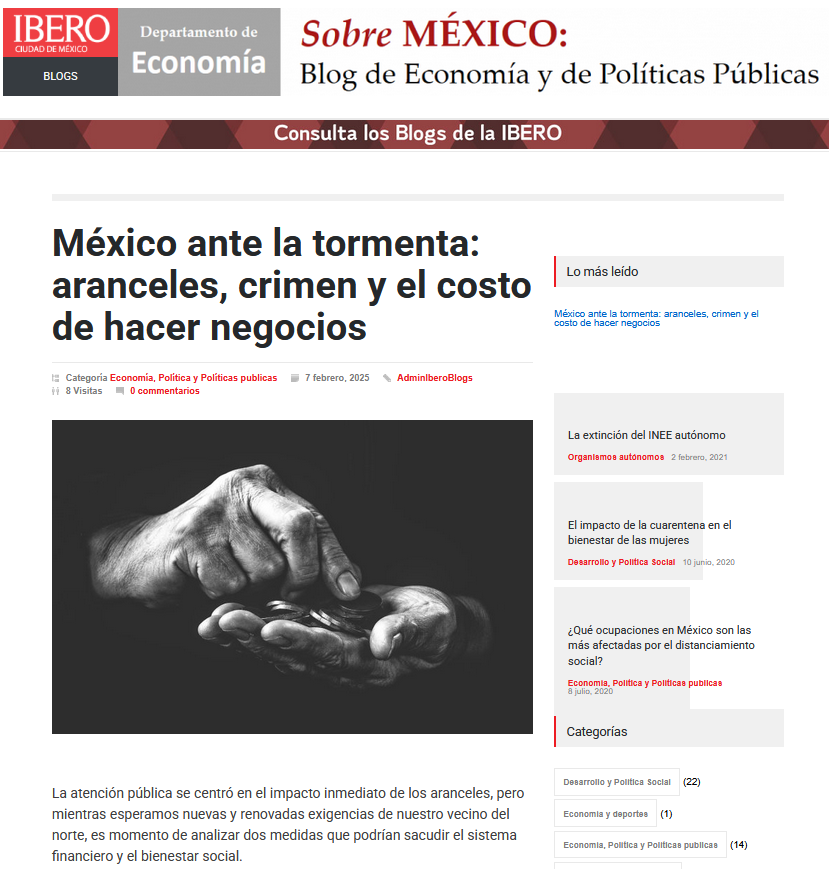 ibero_economia's tweet photo. 📌Nueva entrada al blog #SobreMéxico
El Dr. @pablocotler nos habla sobre los posibles efectos de tener un impuesto a las remesas y del crimen organizado. Lee su más reciente entrada, "México ante la tormenta: aranceles, crimen y el costo de hacer negocios"
https://t.co/MEFR71WuTa https://t.co/OSiyXWc1An