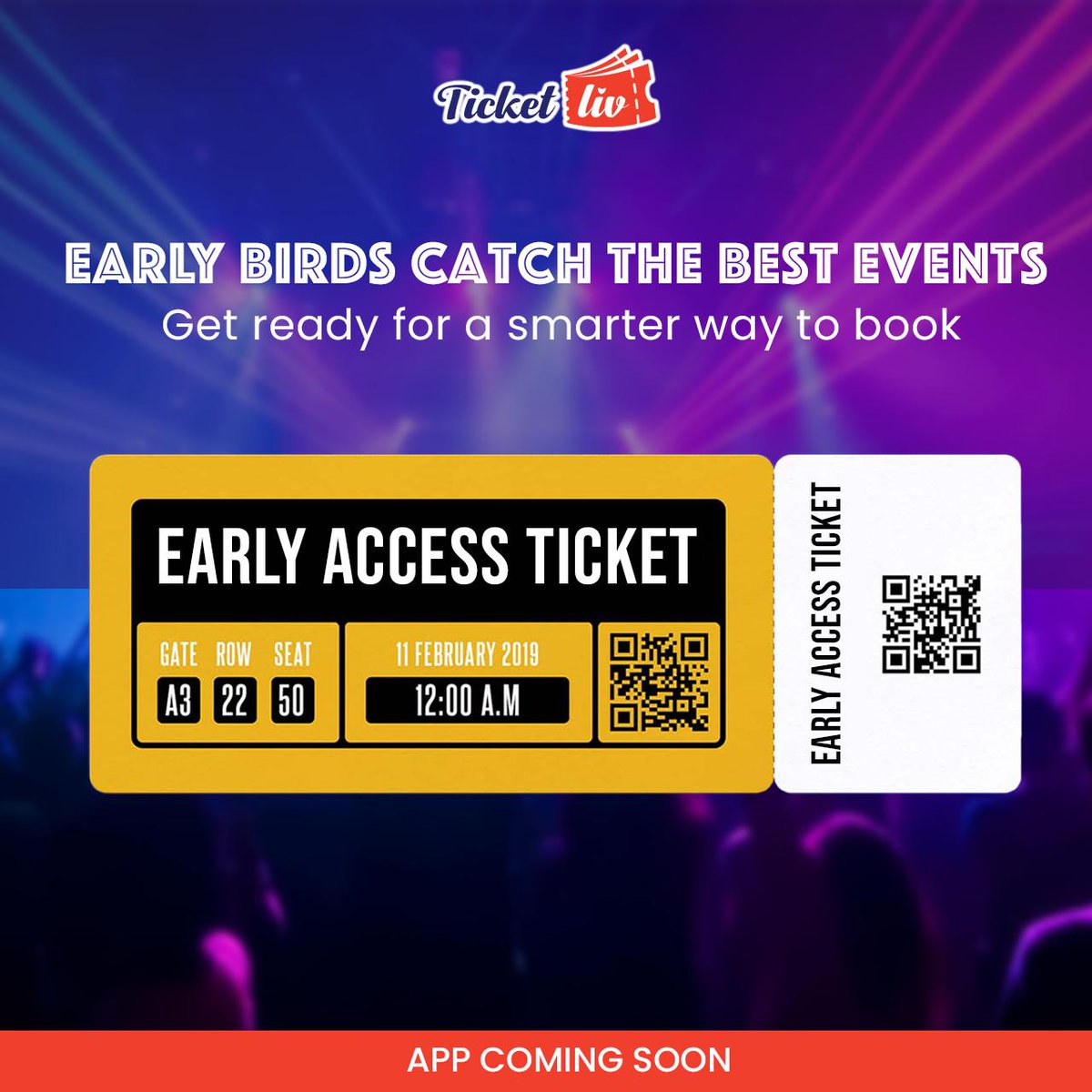 TicketLiv's tweet image. Early birds catch the best events. Get ready for a smarter way to book. 

#AppComingSoon #TicketLiv #EventBookingApp