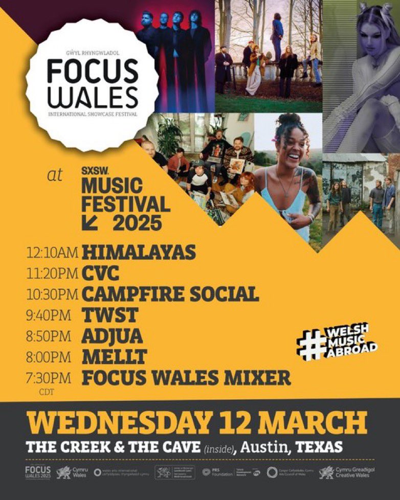 ππ©πππ€π£πππ§π© (@atxconcert) on Twitter photo π¨ FOCUS WALES at SXSW 2025! π¨
Wales is taking over Austin with six incredible artists!
π₯ HIMALAYAS β Gritty, anthemic
πΆ CVC β Funky, psychedelic
πΏ CAMPFIRE SOCIAL β Melodic, heartfelt
π« TWST β Futuristic, hypnotic
π ADJUA β Soulful, powerful
β‘ MELLT β Raw, electrifying π¨ FOCUS WALES at SXSW 2025! π¨
Wales is taking over Austin with six incredible artists!
π₯ HIMALAYAS β Gritty, anthemic
πΆ CVC β Funky, psychedelic
πΏ CAMPFIRE SOCIAL β Melodic, heartfelt
π« TWST β Futuristic, hypnotic
π ADJUA β Soulful, powerful
β‘ MELLT β Raw, electrifying