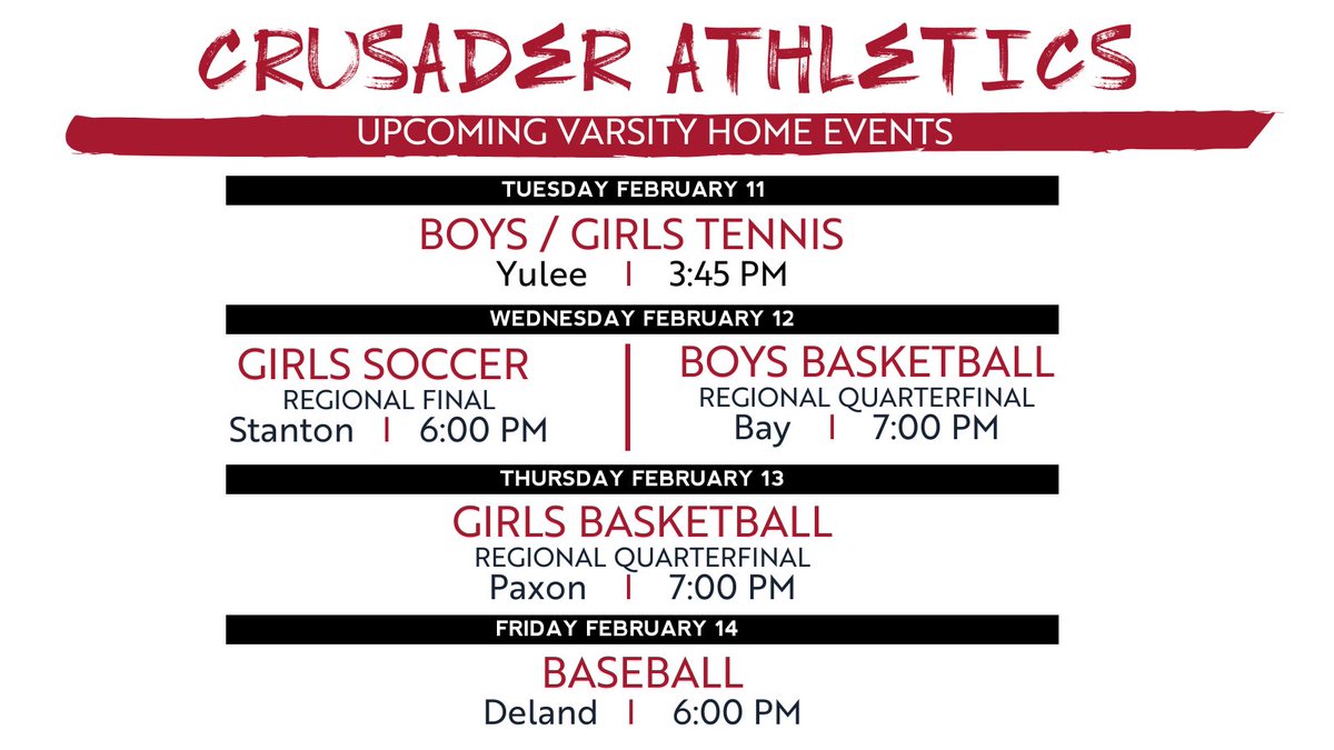 Bishop Kenny Athletics (@bkhs_athletics) on Twitter photo ⚔️ Weekly Home Schedule for 2/10 - 2/15
<a href="/BKHS_GSoccer/">Bishop Kenny Girls Soccer</a> playing for a chance to go to the Final Four!
<a href="/BKHS_GBB/">Bishop Kenny Girls Basketball</a> and <a href="/BKHS_BBB/">Bishop Kenny Boys Basketball</a> open up their playoff runs!
<a href="/BKHS_Baseball/">Bishop Kenny Baseball</a> starts their regular season with two road games before Friday night's home opener! ⚔️ Weekly Home Schedule for 2/10 - 2/15
<a href="/BKHS_GSoccer/">Bishop Kenny Girls Soccer</a> playing for a chance to go to the Final Four!
<a href="/BKHS_GBB/">Bishop Kenny Girls Basketball</a> and <a href="/BKHS_BBB/">Bishop Kenny Boys Basketball</a> open up their playoff runs!
<a href="/BKHS_Baseball/">Bishop Kenny Baseball</a> starts their regular season with two road games before Friday night's home opener!