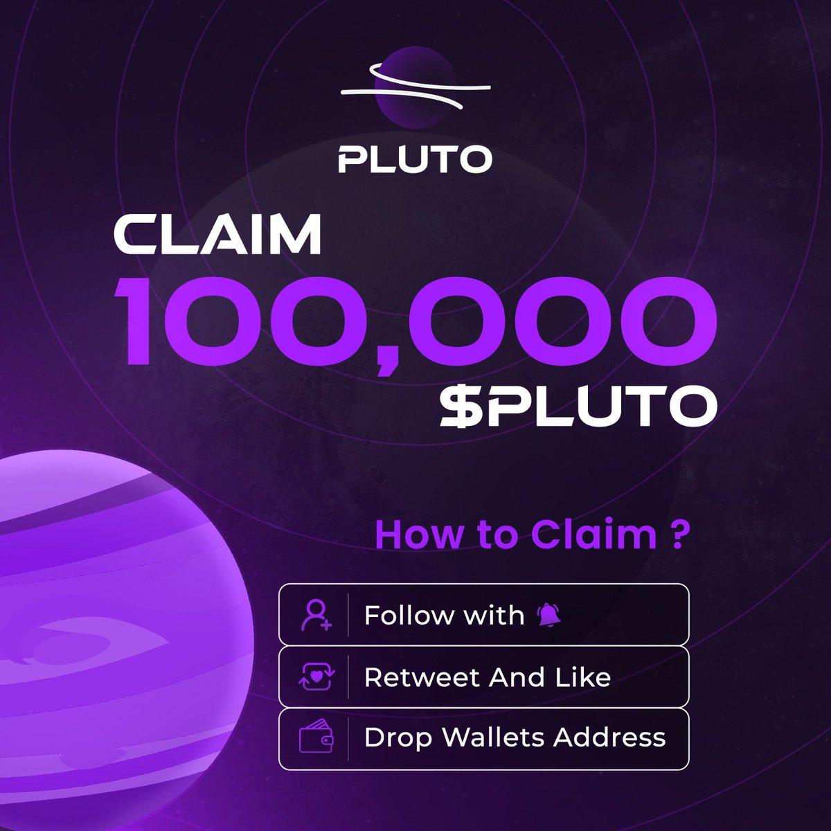 PlutoSolanaCoin's tweet photo. 100,000 $PLUTO Airdrop 🪂

STEP 1 : 💟 + 🔁 + Follow 🔔
STEP 2 : Drop your $SOL wallet

First 1500 wallets 👀 https://t.co/P047oZUV8u