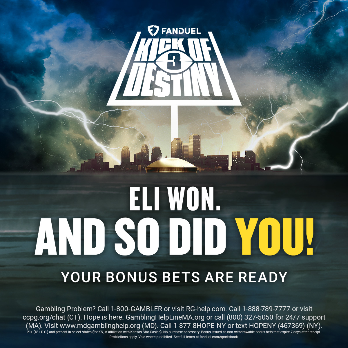 FDSportsbook's tweet photo. KICK OF DESTINY 3: ✅
EVERYONE who picked Eli Manning to win just received a share of $10 MILLION in bonus bets! 💰
#TeamEli | #KickOfDestiny https://t.co/LpjnHDMeT6