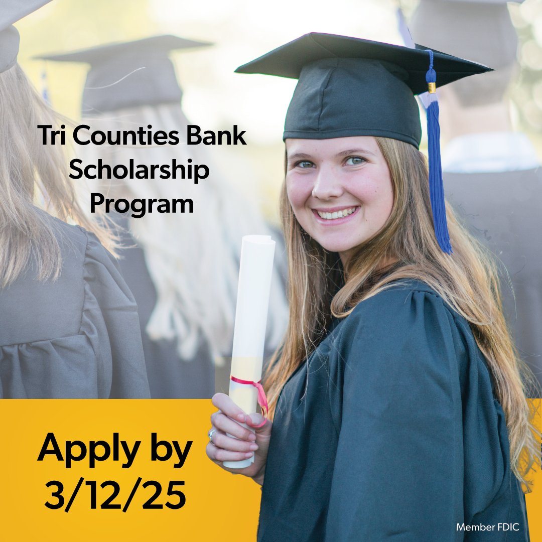Applications for the Tri Counties Bank #Scholarship Program are due by 3/12/25. Scholarships are available to students within our 27-county footprint. If you are a graduating senior, apply today at brnw.ch/21wQBgg. #MemberFDIC