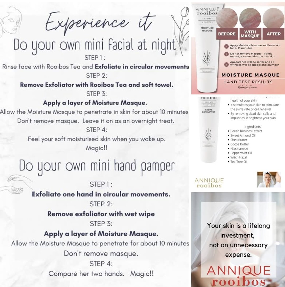 rensburg_marina's tweet image. Directions for a hand or mini home facial with Exfoliator and Moisture Masque
#anniquerooibos care for your skin
#antiaging #moistureboost 
#skincare #proudlysouthafrican 
Whatsapp 084 484 9570 to order or for more info
