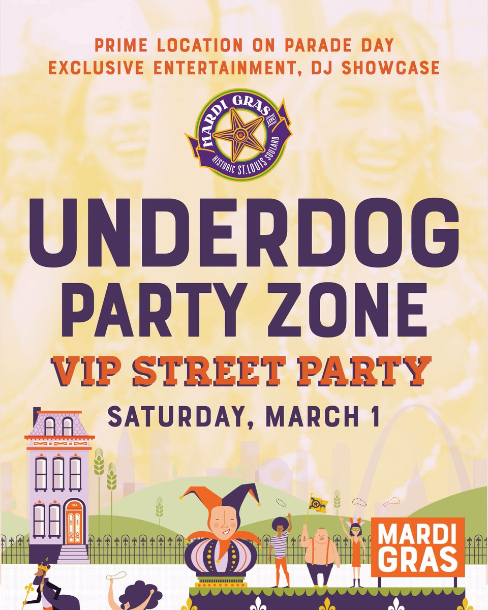 We promised you this would be our biggest year YET. The new UNDERDOG PARTY ZONE is an open-air (no tent) reserved area just steps from the parade route!

ENJOY🎧 Local DJs🍹 Drinks +🚽 Dedicated Facilities

Tickets start at just $10 at stlmardigras.org 🤙 @UnderdogFantasy