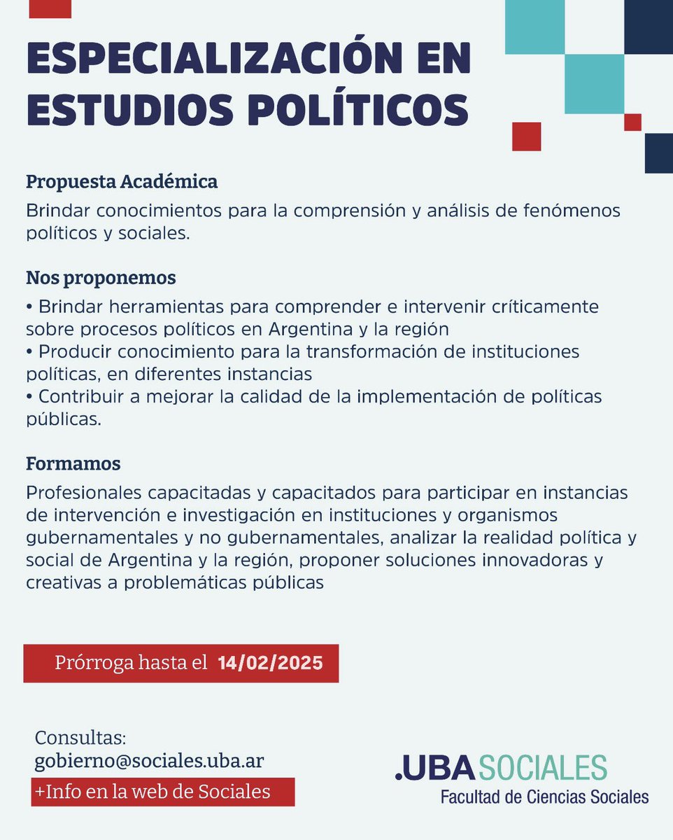 📚MAESTRÍAS Y ESPECIALIZACIONES 2025

👉Ya se encuentran abiertas las inscripciones para la Maestría en Gobierno y la Especialización en Estudios Políticos de <a href="/ubasociales/">UBA Sociales | #FSOC #UBA</a>, dirigidas por <a href="/inestula1/">nechi</a>

📆 PRÓRROGA hasta el 14/02/2025

ℹ️Más info en sociales.uba.ar/posgrados/maes…