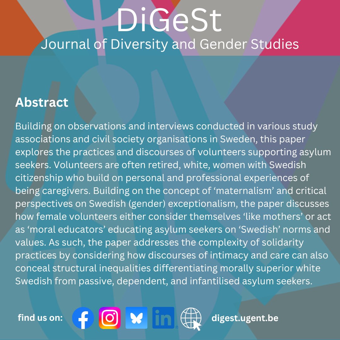 In her article on maternalism and power asymmetries during solidarity practices, Zinaïda Sluijs analyses the ‘integrationist’ tendencies of volunteers supporting asylum seekers in Sweden. Read more? Check the article on digest.ugent.be (link in bio) 📌

<a href="/ZSluijs/">Zinaïda Sluijs (she/her)</a> <a href="/SOLiDi21/">SOLiDi</a>