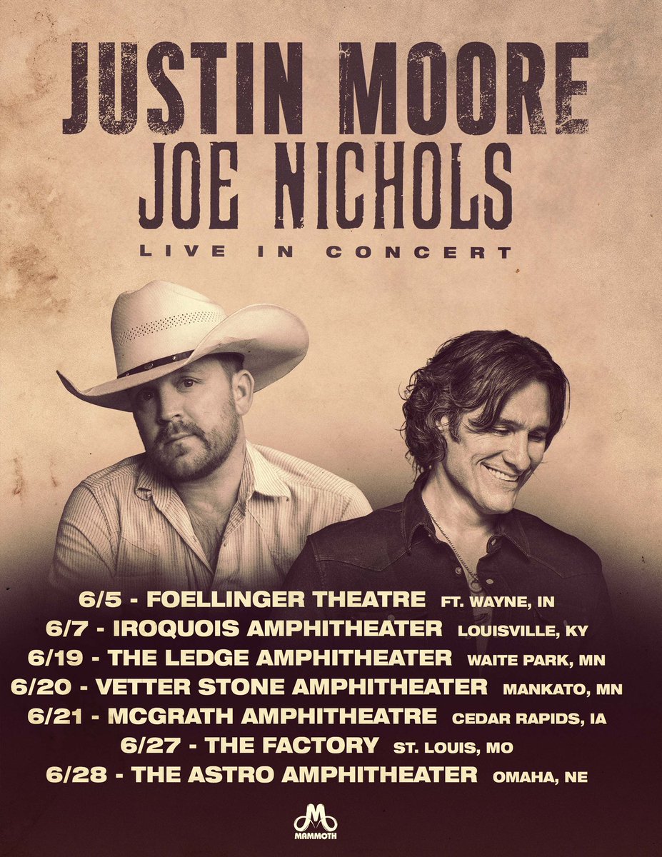 Justin Moore (@justincolemoore) on Twitter photo Just announced, my buddy <a href="/JoeNichols/">Joe Nichols</a> and I are hitting the road for a couple of shows this June! Looking forward to it!
Tickets on sale this Friday 10am local time, but text the fan club at 501-200-4050 for the presale code going live Wednesday!
my.community.com/justinmoore?t=… Just announced, my buddy <a href="/JoeNichols/">Joe Nichols</a> and I are hitting the road for a couple of shows this June! Looking forward to it!
Tickets on sale this Friday 10am local time, but text the fan club at 501-200-4050 for the presale code going live Wednesday!
my.community.com/justinmoore?t=…