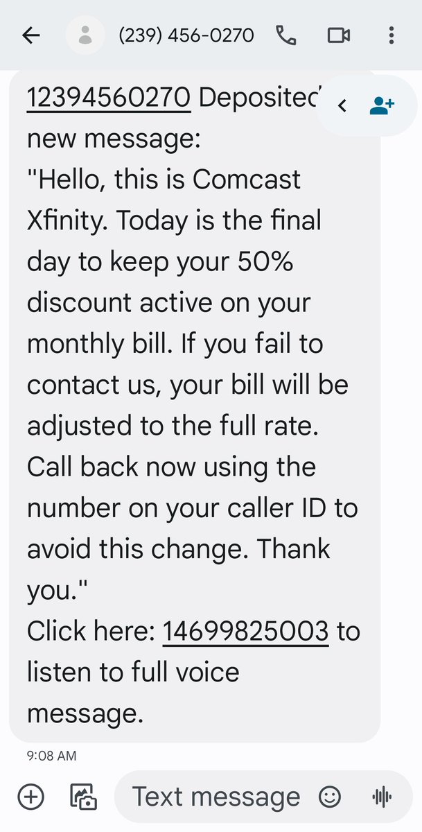 ferniiieee's tweet photo. @XfinitySupport 
⚠️ FYI, scammers are impersonating you. I don't have @comcast @Xfinity  yet received this voicemail: https://t.co/W1fMmiV6RB