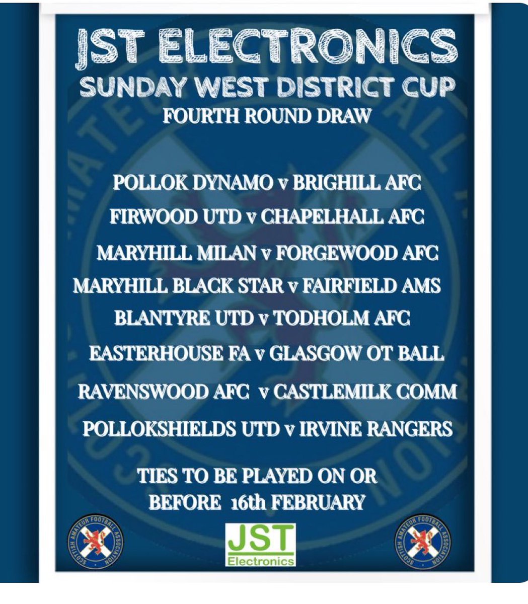 Sunday West District Cup (@safawestsunday) on Twitter photo 4th Round this Sunday >>
JST Electronics Sunday West District Cup 4th Round
Here are all the 4th Round Fixtures
<a href="/ScotAmFA/">Scottish Amateur FA</a> <a href="/scottish_aff/">AmateurFixturesResultsSCO</a> <a href="/AirdireL/">Airdire and coatbridge league</a> <a href="/AsafaLeague/">Ayrshire Sunday Amateur FA</a> <a href="/GDSFC2008/">GDSFC</a> 4th Round this Sunday >>
JST Electronics Sunday West District Cup 4th Round
Here are all the 4th Round Fixtures
<a href="/ScotAmFA/">Scottish Amateur FA</a> <a href="/scottish_aff/">AmateurFixturesResultsSCO</a> <a href="/AirdireL/">Airdire and coatbridge league</a> <a href="/AsafaLeague/">Ayrshire Sunday Amateur FA</a> <a href="/GDSFC2008/">GDSFC</a>