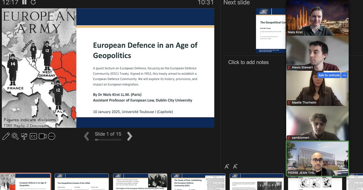Niels Kirst (@nielskirst) on Twitter photo Yesterday, I had the chance to give a guest lecture on European Defence at my alma mater, <a href="/UTCapitole/">Université Toulouse Capitole</a>.
With war in Ukraine can the <a href="/EUCouncil/">EU Council</a> & <a href="/EU_Commission/">European Commission</a> take charge of EU security? What are the lessons from the EDC?
These were some fascinating discussions with students! Yesterday, I had the chance to give a guest lecture on European Defence at my alma mater, <a href="/UTCapitole/">Université Toulouse Capitole</a>.
With war in Ukraine can the <a href="/EUCouncil/">EU Council</a> & <a href="/EU_Commission/">European Commission</a> take charge of EU security? What are the lessons from the EDC?
These were some fascinating discussions with students!