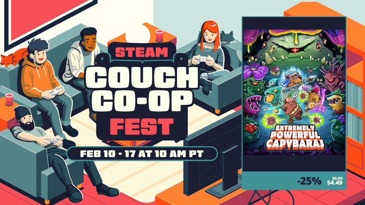 PM Studios (@pmstudiosusa) on Twitter photo The Extremely Powerful Capybaras are 25% off for the Steam Couch Coop Fest!🌎 What's better that playing some local coop as capybaras? 🛋️ #SteamCouchCoopFest #couchcoop <a href="/EPCapybarasGame/">Extremely Powerful Capybaras ⚔️ OUT NOW on Steam</a> The Extremely Powerful Capybaras are 25% off for the Steam Couch Coop Fest!🌎 What's better that playing some local coop as capybaras? 🛋️ #SteamCouchCoopFest #couchcoop <a href="/EPCapybarasGame/">Extremely Powerful Capybaras ⚔️ OUT NOW on Steam</a>