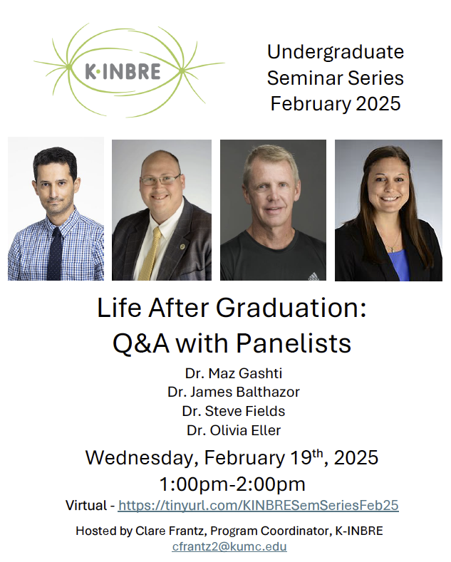 KansasINBRE's tweet image. It&apos;s time for another Undergraduate Seminar Series! If you&apos;re free next Wednesday at 1pm, hop on and learn some great graduation tips from our amazing panelists! 😍 More information below!