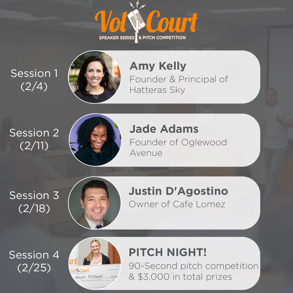 HaslamUT's tweet photo. Are you ready for another week of Vol Court? Join us TOMORROW at 5:30 p.m. in Hodges Library Room 213 to hear from guest speaker and founder of Oglewood Avenue, Jade Adams! #UTKnoxville #HaslamEngaged

Learn more about VolCourt here: https://t.co/8EGD3PTI4R https://t.co/Vm7eXA23Bm