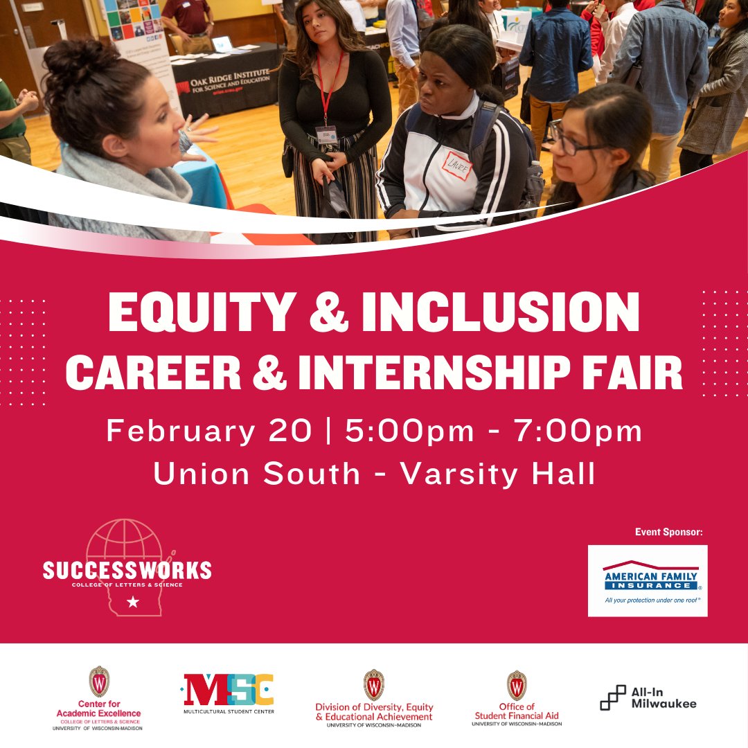 Join Us for the Equity &amp; Inclusion Career and Internship Fair! Meet with employers committed to diversity and inclusion as they seek talented individuals for internships and full-time roles. 

More Info 👉go.wisc.edu/mtc7rv

#careerfair #jobs #internships #inclusion