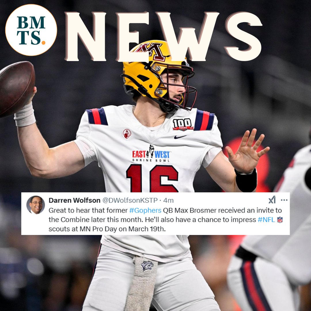 Tony Liebert (@tonyliebert) on Twitter photo BREAKING (via <a href="/DWolfsonKSTP/">Darren Wolfson</a>): #Gophers QB Max Brosmer (<a href="/maxtbro/">Max Brosmer</a>) has received an invite to the 2025 NFL Scouting Combine.
Another big pre-draft step as he looks to become the first UMN QB drafted since Craig Curry (1984). BREAKING (via <a href="/DWolfsonKSTP/">Darren Wolfson</a>): #Gophers QB Max Brosmer (<a href="/maxtbro/">Max Brosmer</a>) has received an invite to the 2025 NFL Scouting Combine.
Another big pre-draft step as he looks to become the first UMN QB drafted since Craig Curry (1984).