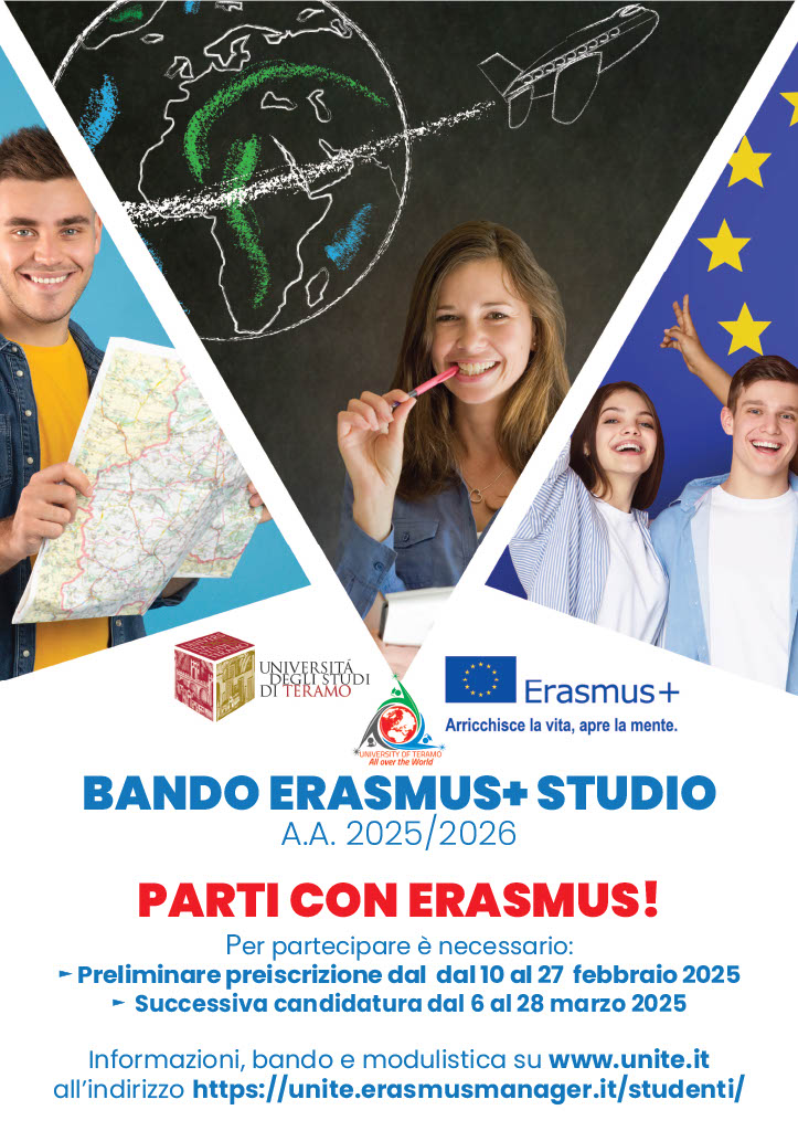 📢✨ Pubblicato il Bando Erasmus+ Studio 2025/2026! 🌍🚀

📅 Scadenza pre-candidatura: 27/02/2025, ore 12:00
📌 Iter di candidatura:
1️⃣ Pre-candidatura su ESSE3 (10-27 febbraio)
2️⃣ Candidatura su ERASMUS MANAGER (6-28 marzo)
🔗 Bando e info: unite.erasmusmanager.it/studenti