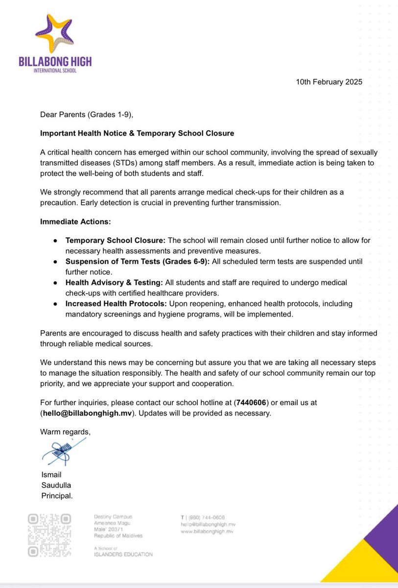 HKurusee's tweet photo. Billabong High Int’l School just sent a letter to all parents announcing a temporary school closure due to the spread of sexually transmitted diseases among staff members. The email also urged parents to get medical check-ups for their children, implying a possible risk of transmission to students suggesting inappropriate interactions between staff and students. 

After some time, the school retracted the letter, stating that the document was forged. But, it’s difficult to understand why anyone would fake such a notice and send it from the school’s official email account.
