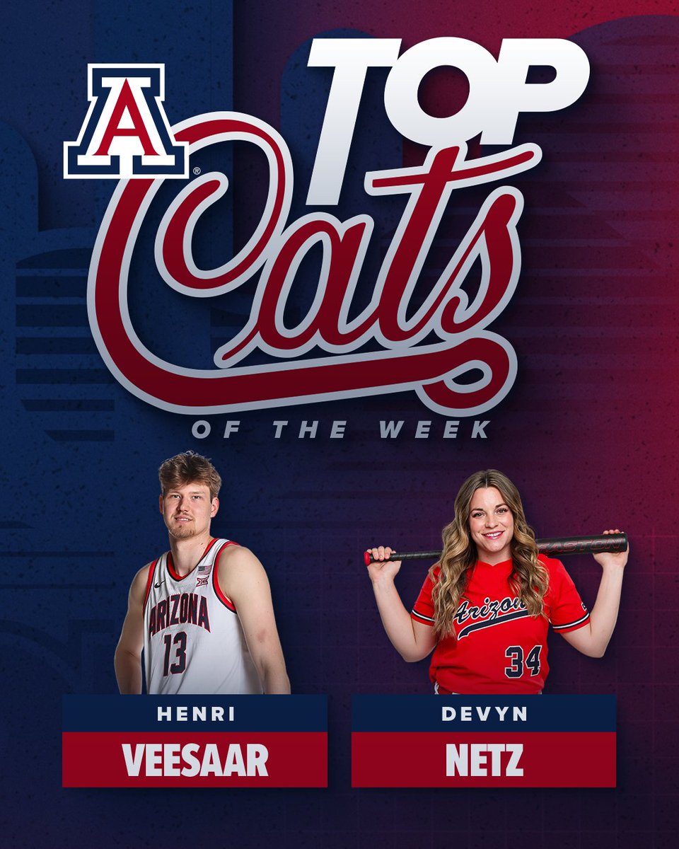TOP CATS OF THE WEEK 😼

🏀 Henri Veesaar, <a href="/ArizonaMBB/">Arizona Basketball</a> 
· Averaged 16 points, 7 rebounds and shot 70% from the floor in wins over BYU and Texas Tech last week

🥎 Devyn Netz, <a href="/ArizonaSoftball/">Arizona Softball</a> 
· Hit 3 HR in the opening game of the season vs Michigan State and pitched a complete