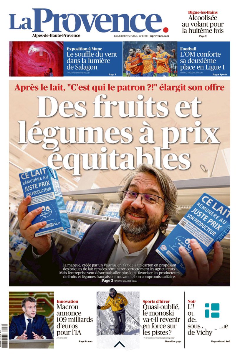 NicoChabanne's tweet photo. Notre initiative collective est aujourd’hui en « une » de « La Provence ». C’est bête, mais ça me touche beaucoup. La Provence c’est mon pays, l’endroit où j’ai grandi et je sais à quel point les producteurs de fruits et légumes de cette région ont besoin d’aide. Ils font un travail de grande qualité toute l’année, sans jamais compter leurs heures et comme partout en France, ils méritent tous de pouvoir vivre dignement de leur travail. Merci à tous ceux qui participent actuellement à la création des cerises solidaires (questionnaire joint). Bientôt 6 autres fruits et légumes verront le jour pour sauvegarder ces trésors qui, pour mille raisons, ne doivent pas disparaître #SoutienAuxProducteurs #LePatronCestLeConso

@laprovence 10 février 2025 Geneviève VAN LEDE https://t.co/S40h2ltgf5
 
@FSProducteurs @C_qui_le_Patron