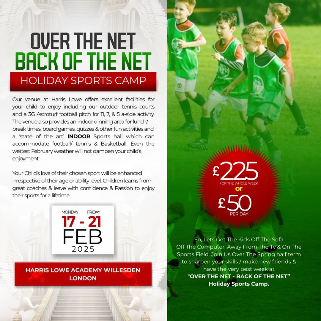 7 days to go until an action packed week of football and tennis fun for 6-12 year olds at the Harris Lowe Academy in Willesden. Don't miss out on booking a place for your child!! Click on the link below to book a place ⚽️⚽️ 
overthenet-backofthenet.com