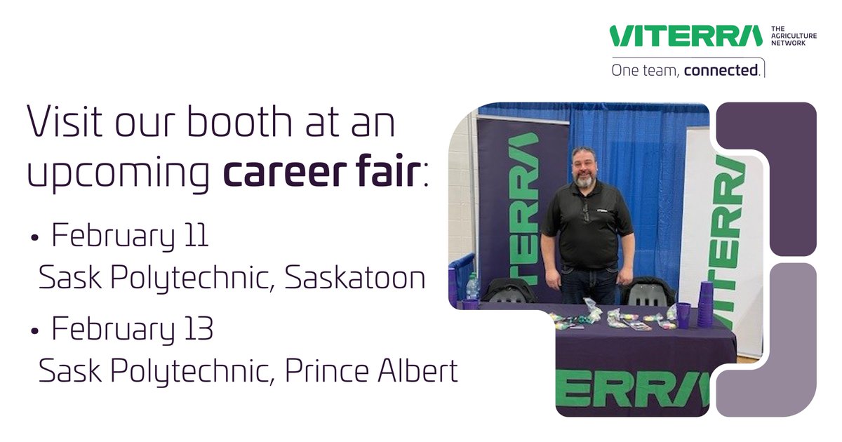 ViterraCanada's tweet image. Want to learn about opportunities at Viterra?
Visit us at a career fair this week including @SaskPolytech Career Fair in Saskatoon on February 11 and in Prince Albert on February 13: bit.ly/3Wz70XQ
#westcdnag #cdnag #agjobs #agcareers