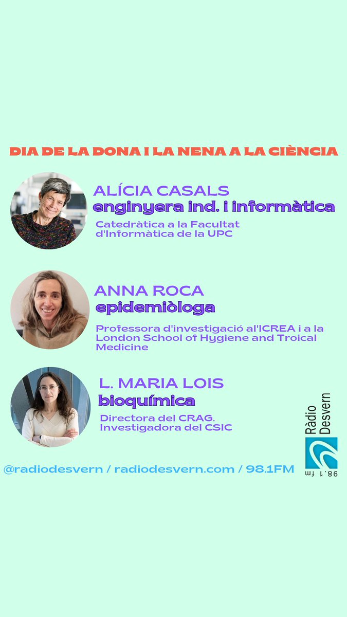 Ràdio Desvern (@radiodesvern) on Twitter photo 🟣🎙#TaulaRodona a <a href="/radiodesvern/">Ràdio Desvern</a> per commemorar el Dia Mundial de la #Dona i la Nena a la #Ciència 👩🔬👩💻
📅 Dimecres 12 DE FEBRER a les 12:15h ens acompanyaran 3 científiques de #SantJust:
✔️Alícia Casals
✔️Anna Roca
✔️Maria Lois
📻 Al 98.1FM i a la web radiodesvern.com 🟣🎙#TaulaRodona a <a href="/radiodesvern/">Ràdio Desvern</a> per commemorar el Dia Mundial de la #Dona i la Nena a la #Ciència 👩🔬👩💻
📅 Dimecres 12 DE FEBRER a les 12:15h ens acompanyaran 3 científiques de #SantJust:
✔️Alícia Casals
✔️Anna Roca
✔️Maria Lois
📻 Al 98.1FM i a la web radiodesvern.com