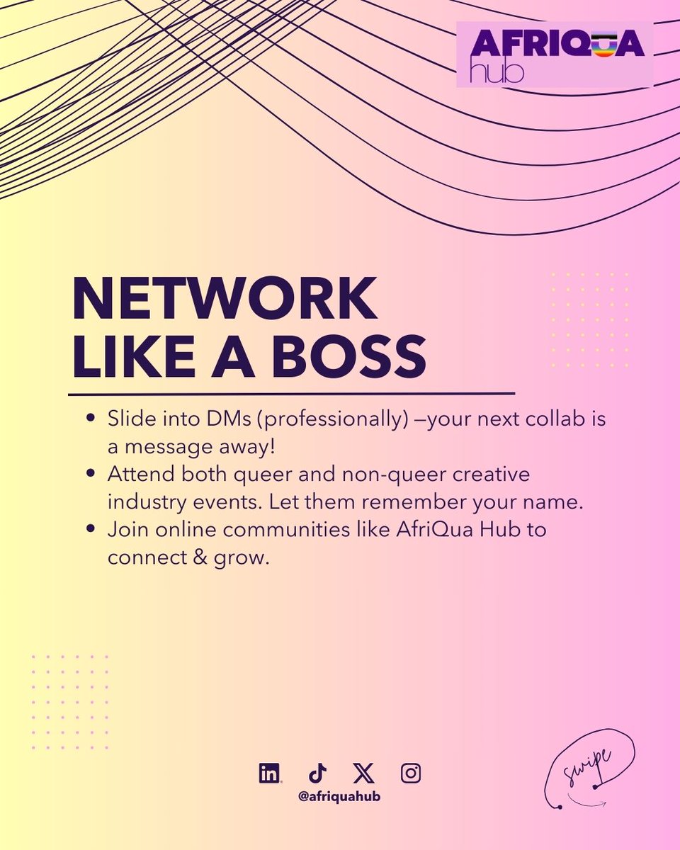 afriquahub's tweet image. Calling all queer creatives! 
Here are some must-know tips for building your brand, getting grants, and making your voice heard. 
Save this post for later! 

#creativetips #queersuccess #queerart