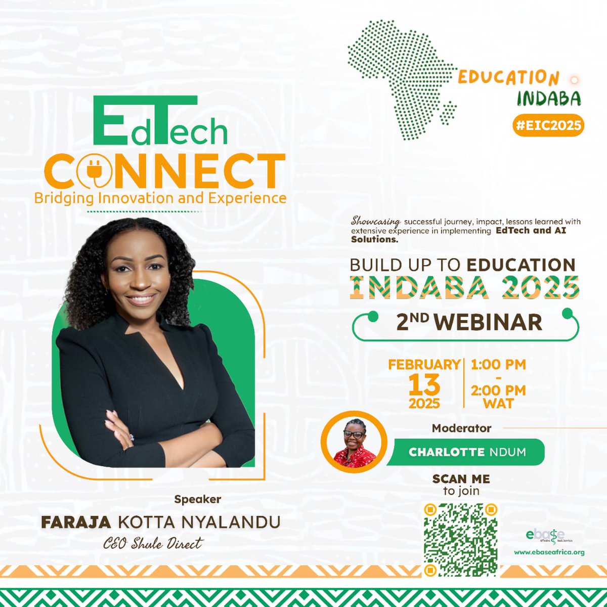 We are hosting our 2nd webinar in the Education Indaba  series.
 <a href="/FarajaNyalandu/">Faraja Kotta</a> will explore EdTech Connect: Bridging innovation and experience, as she shares her experience at <a href="/ShuleDirect/">Shule Direct</a> . 

🗓️ Feb 13, 2025 | 1 -2 PM WAT
🔗 Register now! bit.ly/4aPp31R

#EIC2025