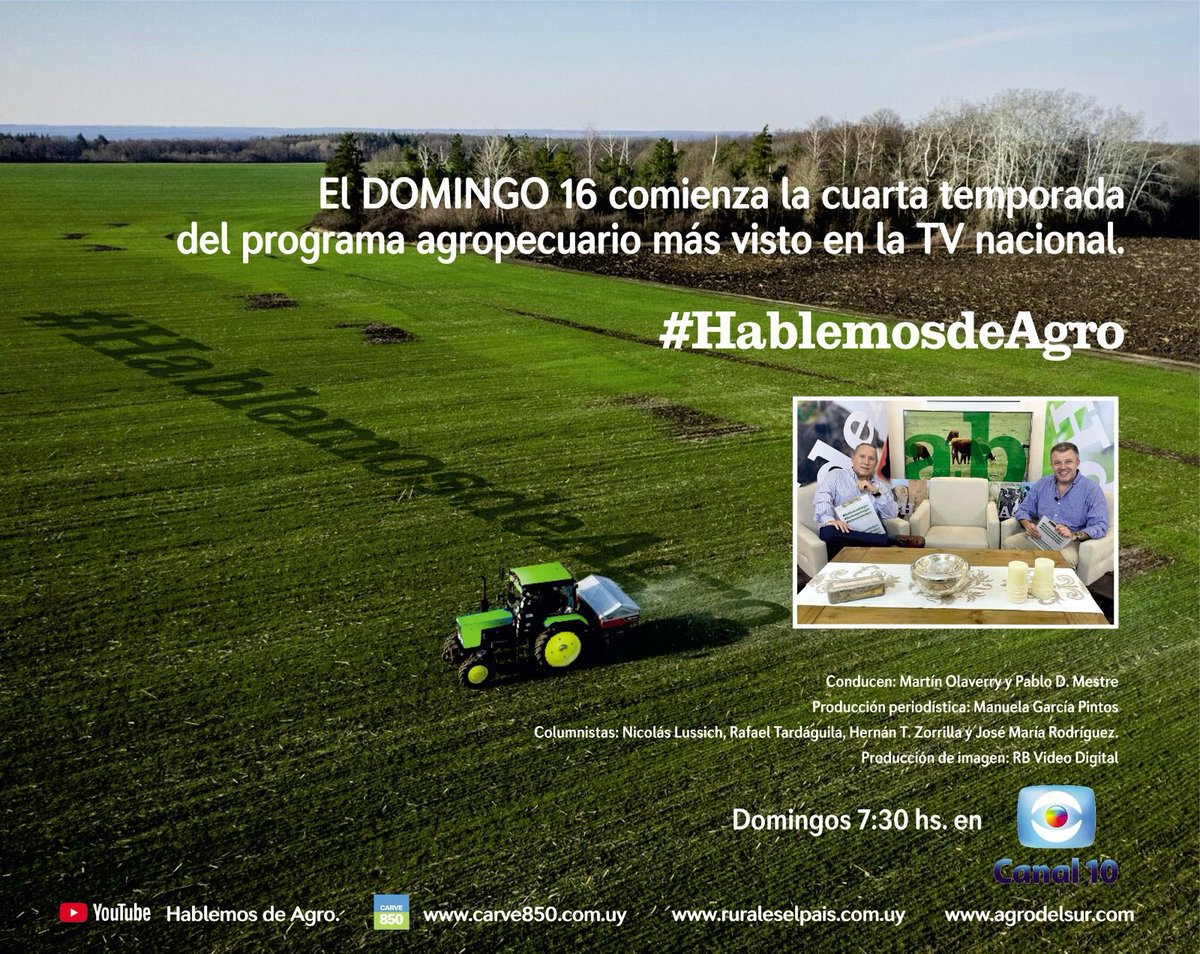 📢 ¡Vuelve el programa agropecuario más visto de la TV Nacional! 🌾📺

Este domingo 16 comienza la cuarta temporada de Hablemos de Agro, con toda la actualidad del sector, entrevistas exclusivas y el mejor análisis del campo uruguayo. 🌱🚜