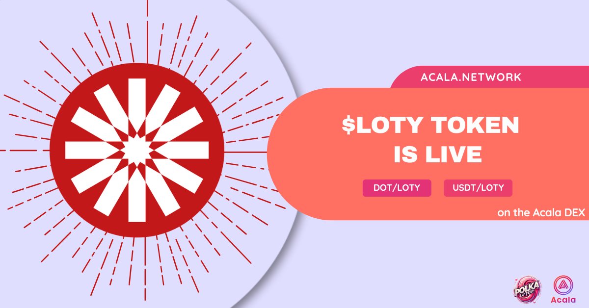 Acala (@acalanetwork) on Twitter photo The $LOTY token is live on the Acala DEX 🎉
The <a href="/Polkalottery/">Polkalottery</a> team recently added Acala EVM+ to their automated blockchain lottery platform and have run a number of lottery draws. Now their token is live on our network.
Trade $LOTY on the Acala DEX:
apps.acala.network/swap The $LOTY token is live on the Acala DEX 🎉
The <a href="/Polkalottery/">Polkalottery</a> team recently added Acala EVM+ to their automated blockchain lottery platform and have run a number of lottery draws. Now their token is live on our network.
Trade $LOTY on the Acala DEX:
apps.acala.network/swap