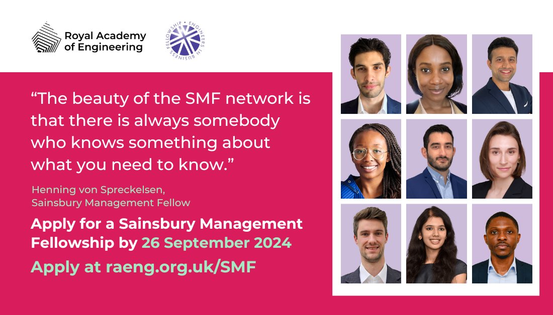 🚀Elevate your engineering career in business.

A full-time MBA, joined with unique mentorship from industry leaders across several fields, could be your ladder to success. 
Discover more about the Sainsbury Management Fellowship: raeng.org.uk/smf. <a href="/EIBFcharity/">EIBF</a>