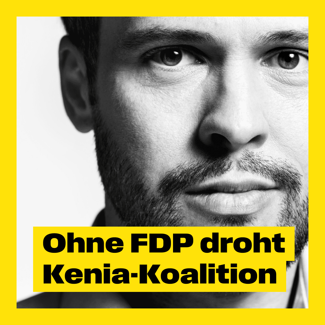 Ohne die FDP droht im Bundestag eine Kenia-Koalition ⚫🔴🟢. Das hieße: Vier Jahre Stillstand. Wer das verhindern will, wählt am 23.2. FDP. Nur mit uns gibt es marktwirtschaftliche Reformen, eine konsequente Migrationspolitik, mehr Netto vom Brutto und eine zukunftssichere Rente.