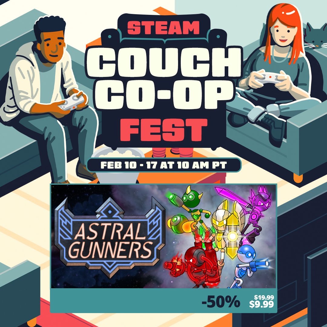 Pick up Astral Gunners for 50% off during the Steam Couch Co-op Fest!! Bullet-hells can be brutal but it always helps to have a friend. #CouchCoop #SteamFest