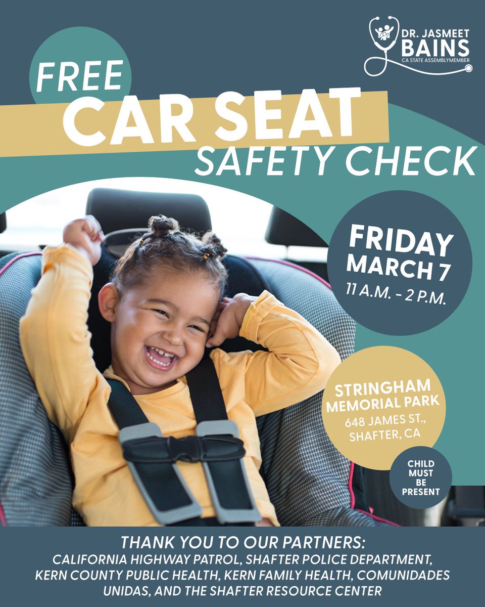 AsmJasmeetBains's tweet photo. Please join us for a free car seat safety check at Stringham Memorial Park in Shafter, Friday, March 7, from 11 am - 2 pm. Your child must be present, and supplies are limited. See you there! https://t.co/N6oLZg8pX1