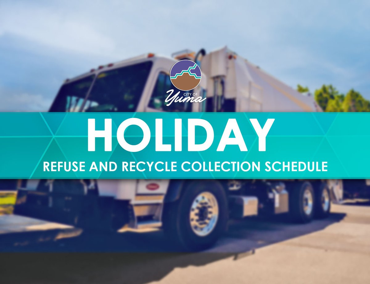 Yuma City Hall will be closed Monday, February 17 for observance of Presidents Day.

Residential trash collection for homes inside the Yuma city limits will be delayed by one day due to the holiday. Curbside recycling pickups will take place as normal.

yumaaz.gov/Home/Component…