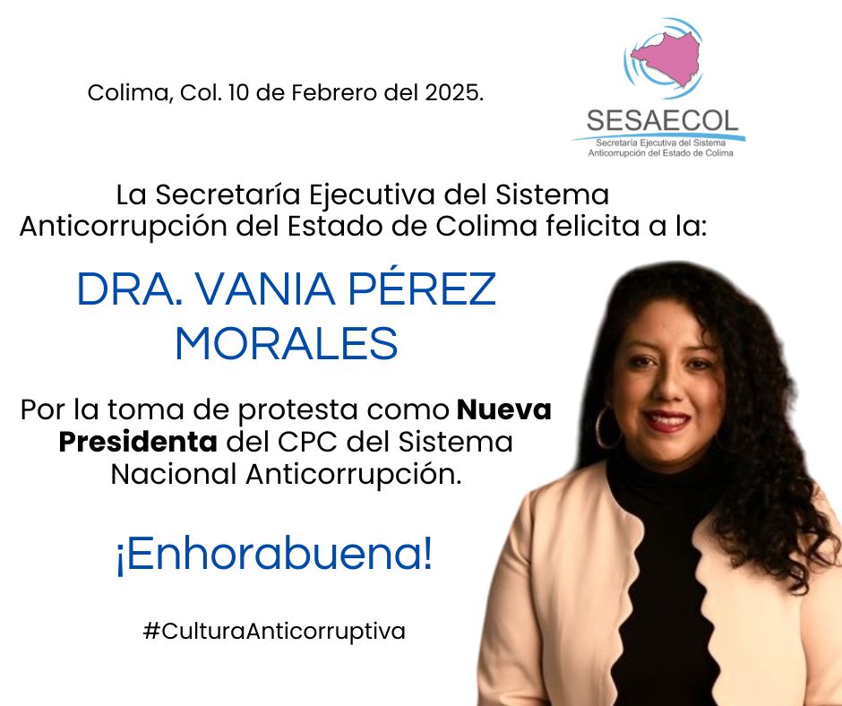 Expresamos nuestro reconocimiento a la Dra. Vania Pérez Morales por asumir con distinción la presidencia del CPC del Sistema Nacional Anticorrupción. ¡Enhorabuena! 👏

#CulturaAnticorruptiva