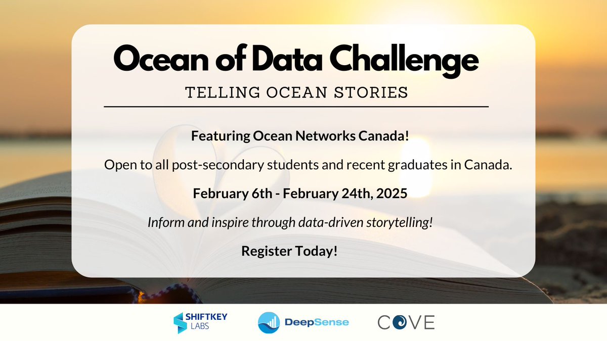 Kick off #LoveDataWeek by joining the Ocean of Data Challenge!

Post-secondary students + recent grads are invited to create stories that communicate scientific insights using ONC’s data.

Register today 👉🏼 bit.ly/4jR4i9U

@DeepSenseCAv @cove_ocean #LoveData25