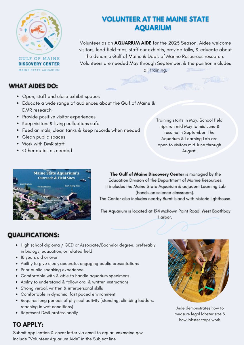 Maine State Aquarium (@maineaquarium) on Twitter photo We are also recruiting Volunteers for the Spring, Summer, and Fall. Volunteers will help us open for the season, lead field trips in the Spring & Fall, and staff the Aquarium & Learning Lab for the Summer. Email aquarium@maine.gov for an application. We are also recruiting Volunteers for the Spring, Summer, and Fall. Volunteers will help us open for the season, lead field trips in the Spring & Fall, and staff the Aquarium & Learning Lab for the Summer. Email aquarium@maine.gov for an application.