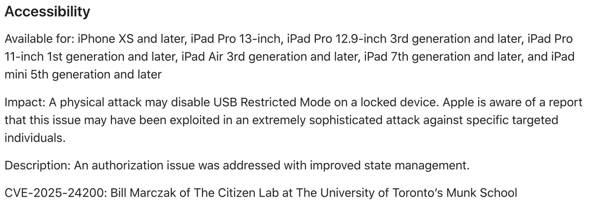 Update your iPhones.. again!  iOS 18.3.1 out today with a fix for an ITW USB restricted mode bypass (via Accessibility) support.apple.com/en-us/122174